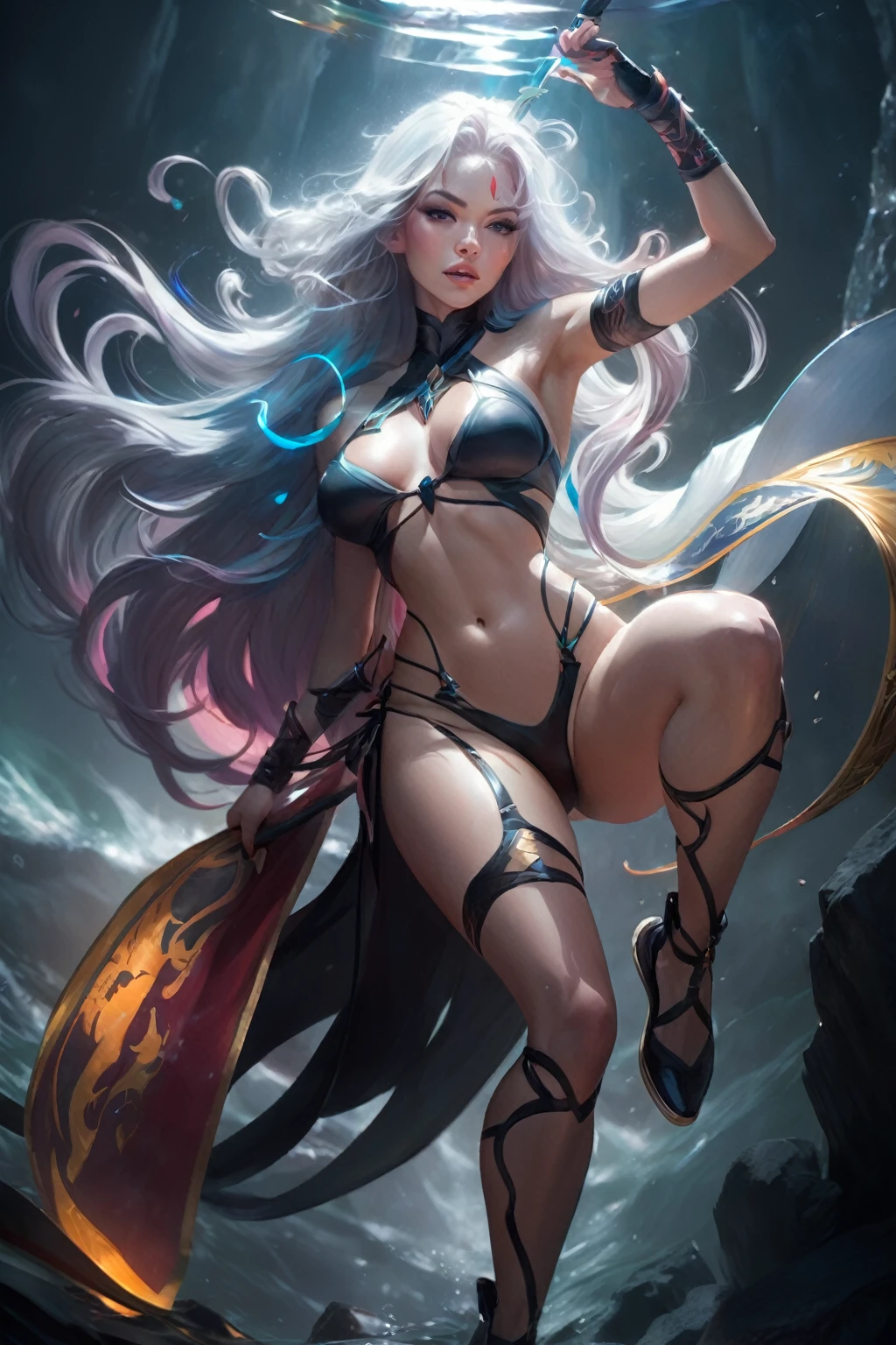 Miss, Kneel down, Back，Stretch your legs，foot，foot趾，White hair，Sexy，Nude Jersey, Holding a long sword，Side breast, Sexy的大腿，大wave发，Holding a spear，The fox is nearby，Delicate face, black eyes, A faint smile, become a, Large Breasts, Moonlit sky,Sky background at night，Ocean，wave，Rose