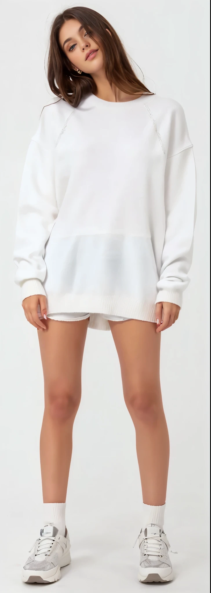 uma mulher de moletom branco e shorts curto posando para uma foto, moletom com capuz grande, White Sweater, wearing an moletom com capuz grande, exposed coxas, roupas brancas, cute white cotton shorts, Roupas brancas, exposed coxas!!!, Short curto, wearing a White Sweater, coxas, roupa branca, minissaia branca, wearing Roupas brancas, no pants, saia branca