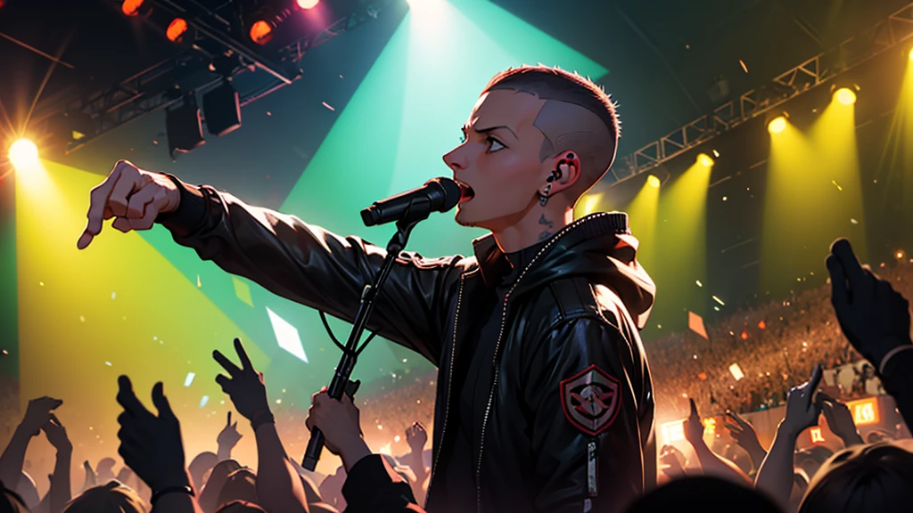 Muéstrame a chester bennington, singing very loudly with his microphone and looking towards the audience