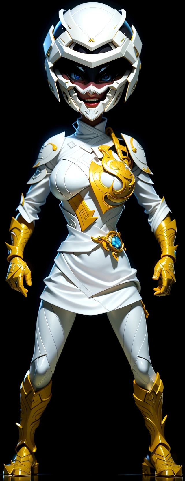 (best quality,4k,8k,highres,masterpiece:1.2),ultra-detailed, female ranger, white suit, tyrannosaurus head for helmet, asymmetrical suit, yellow claw shaped emblem on left side of suit. a close up of a person in a white suit with yellow gloves, heavy white and golden armor, detailed white armor, intricate white and gold armor, intricate white armor, streamlined white armor, full body sprite, skintight silver armor, white plated armor, ornate white and gold armour, entire body, snake-face female guard, clothed in ethereal battle armor, HDR, 8k, absurdres, cinestill 800, sharp focus, add_detail:2, (solo, woman)
