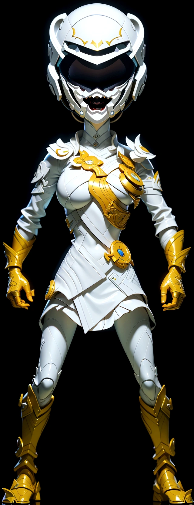 (best quality,4k,8k,highres,masterpiece:1.2),ultra-detailed, female ranger, white suit, tyrannosaurus head for helmet, asymmetrical suit, yellow claw shaped emblem on left side of suit. a close up of a person in a white suit with yellow gloves, heavy white and golden armor, detailed white armor, intricate white and gold armor, intricate white armor, streamlined white armor, full body sprite, skintight silver armor, white plated armor, ornate white and gold armour, entire body, snake-face female guard, clothed in ethereal battle armor, HDR, 8k, absurdres, cinestill 800, sharp focus, add_detail:2, (solo, woman)
