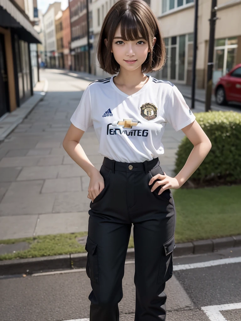 (8k, RAW Photos, highest quality, masterpiece:1.2), (Realistic, photo-Realistic:1.4), (Highly detailed 8k wallpaper), ((Full Body Shot)), ((1 girl)), Sharp focus, Depth of written boundary, Cinematic lighting, Soft Light, 緻密な美しさのeye, eye_Chan, Very beautiful girl, innocent big eyes, Realistic, photo Realistic, Highly detailed cute girl, (Thin thighs), (Model Body Type), 18-year-old, (((manchester united soccer jersey))), ((Cargo long pants)), (((Fold your arms in front of your chest and act arrogantly))), ((A happy smile)), Parted lips, Watching the audience, (On the streets of Britain) , (Brown Hair),(Short Bob Hair), (Asymmetrical bangs)