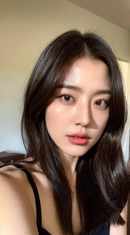 (top-quality、4k、​masterpiece:1.3)、Beautuful Women、1girl in、A sexy:1.1、dark brown  hair:1.1、on the beds　hyperdetailed face、detailed lips、A detailed eye、double eyelid　　Short Bob　Beautiful breasts　Black underwear