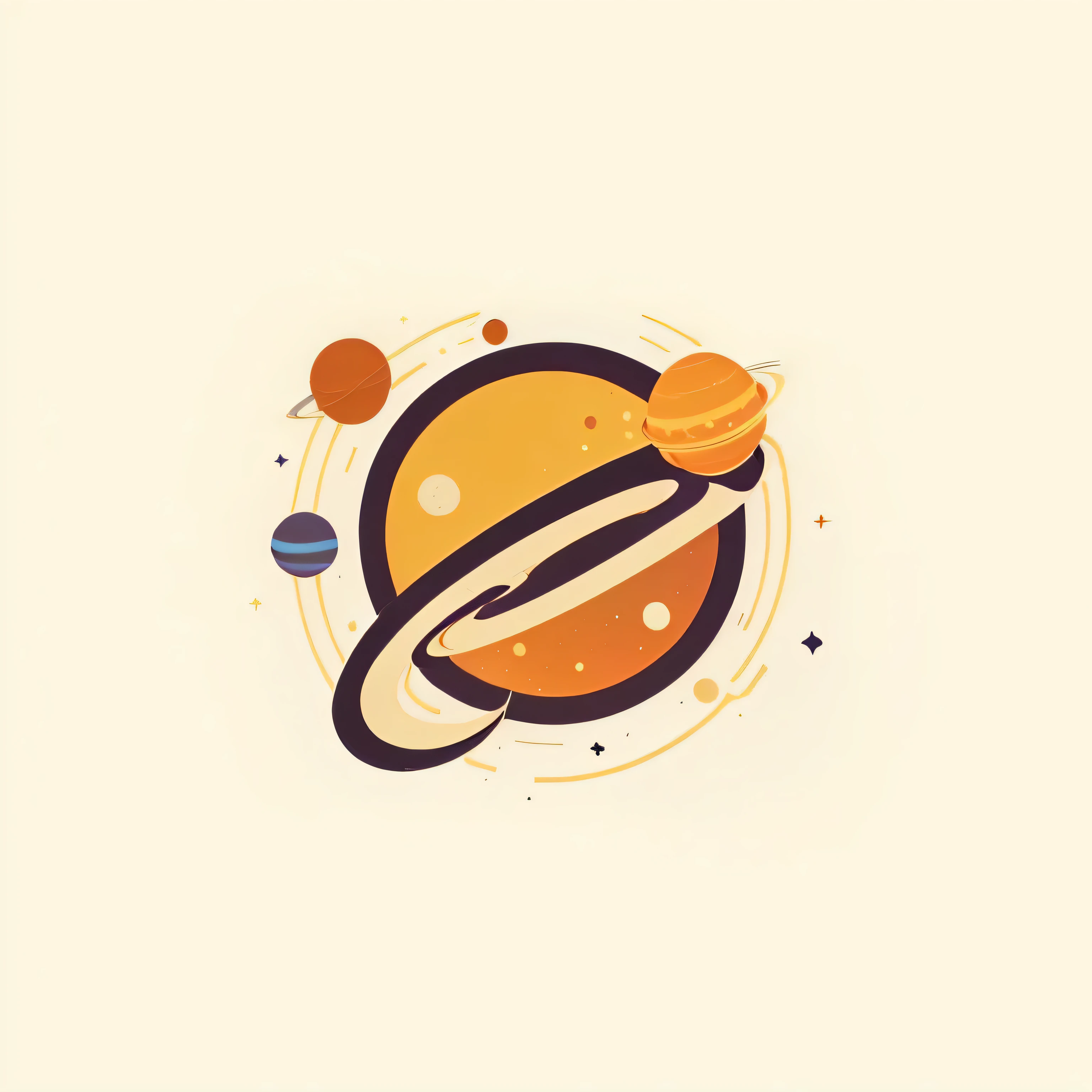 simple 2D graphic design, Saturn, minimalistic cartoon style, space theme, outer space, flat colors and lines, Ringed planets, vintage Space station logo, Space colors, dribbble illustrations