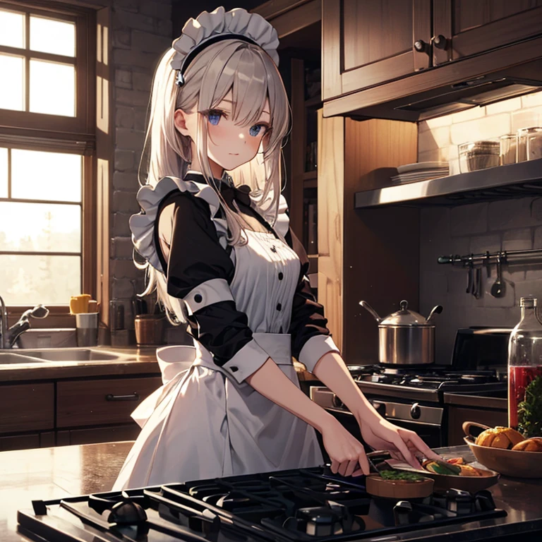 A maid, (in kitchen), various hair styles, night, details face, seducing, maid uniform,