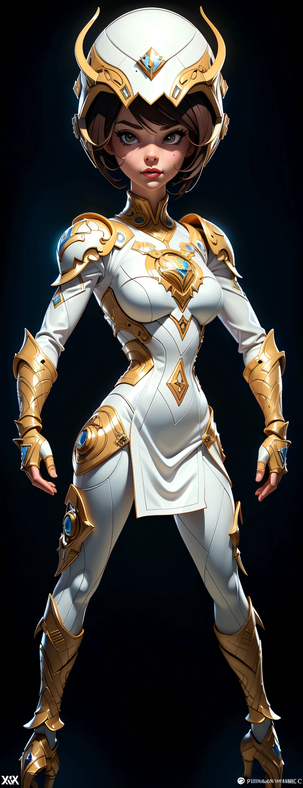 (best quality,4k,8k,highres,masterpiece:1.2),ultra-detailed, female ranger, white suit, tyrannosaurus head for helmet, asymmetrical suit, yellow claw shaped emblem on left side of suit. a close up of a person in a white suit with yellow gloves, heavy white and golden armor, detailed white armor, intricate white and gold armor, intricate white armor, streamlined white armor, full body sprite, skintight silver armor, white plated armor, ornate white and gold armour, entire body, snake-face female guard, clothed in ethereal battle armor, HDR, 8k, absurdres, cinestill 800, sharp focus, add_detail:2, (solo, woman)