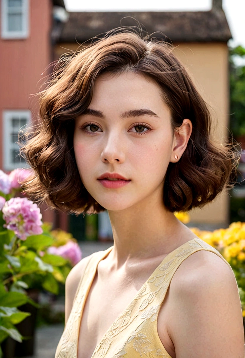 ((no hat:1.2)_thick perm short hair, 17 year old female upper body)), beautiful face, pale skin, Simple pastel yellow dress, elegant portrait, 8k stock photos,