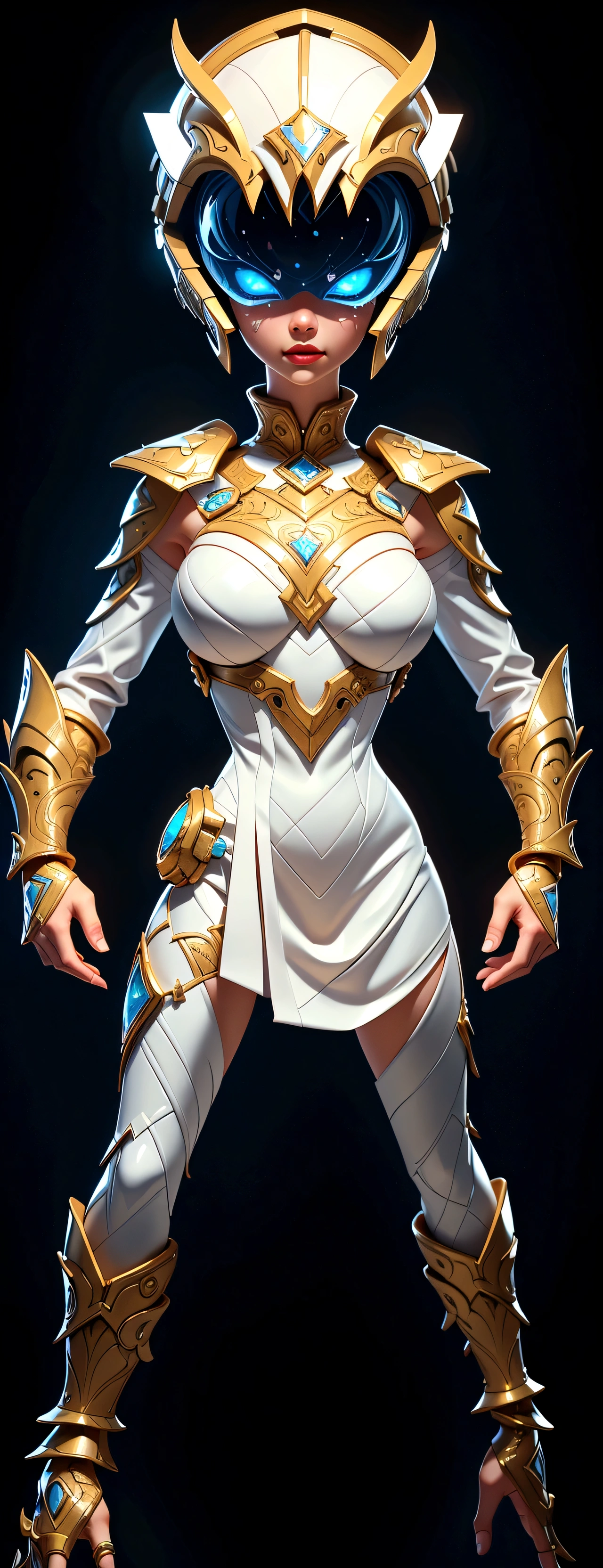 (best quality,4k,8k,highres,masterpiece:1.2),ultra-detailed, female ranger, white suit, tyrannosaurus head for helmet, asymmetrical suit, yellow claw shaped emblem on left side of suit. a close up of a person in a white suit with yellow gloves, heavy white and golden armor, detailed white armor, intricate white and gold armor, intricate white armor, streamlined white armor, full body sprite, skintight silver armor, white plated armor, ornate white and gold armour, entire body, snake-face female guard, clothed in ethereal battle armor, HDR, 8k, absurdres, cinestill 800, sharp focus, add_detail:2, (solo, woman)