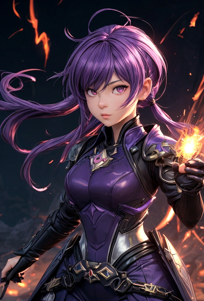 score_9, score_8_up, score_7_up, anime, 3D anime, fantasy, ultra detailed, ultra quality, ultra resolution, cinematic lighting, female, beautiful, Dramatic lighting, cute pose, chevreuse, genshin impact, Pyro eLEMENTS, purple hairs