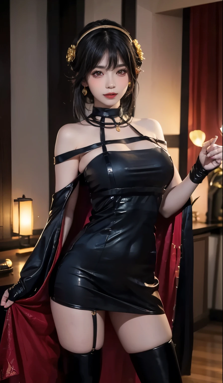 (highest quality, 4K, masterpiece :1.3), Beautiful woman, Surreal, 1 girl,),Ajolf, Side Lock,Short hair and long straight hair, Gold Hair Band, Gold earrings, Gold hair ornament, Big Breasts, Bare shoulders, Black Dress, Double-sided dress with red rose cape, choker, Thigh-high boots, , Fingerless gloves, Thigh-high boots,Slender Beauty, (Huge breasts, Attractive body :1.2), Abdominal exercises :1.1, Long black hair 1.1, Highly detailed face, Lip details, Fine Eyes, double eyelid, Sexy low neck dress, Open neckline, Pose with twisted hips, Visible curves,Muscular, curved legs, Yugal, masterpiece, highest quality, High resolution, aaYugalf,Cowboy Shot, Are standing, Looking at the audience, Outdoor, night, (Perfect Anatomy:1.Big Ass, jewelry, Off the shoulder, Black Pantyhose, Cute Smile, Beautiful and bright lighting, Beautiful breasts,Put your hands behind your back,