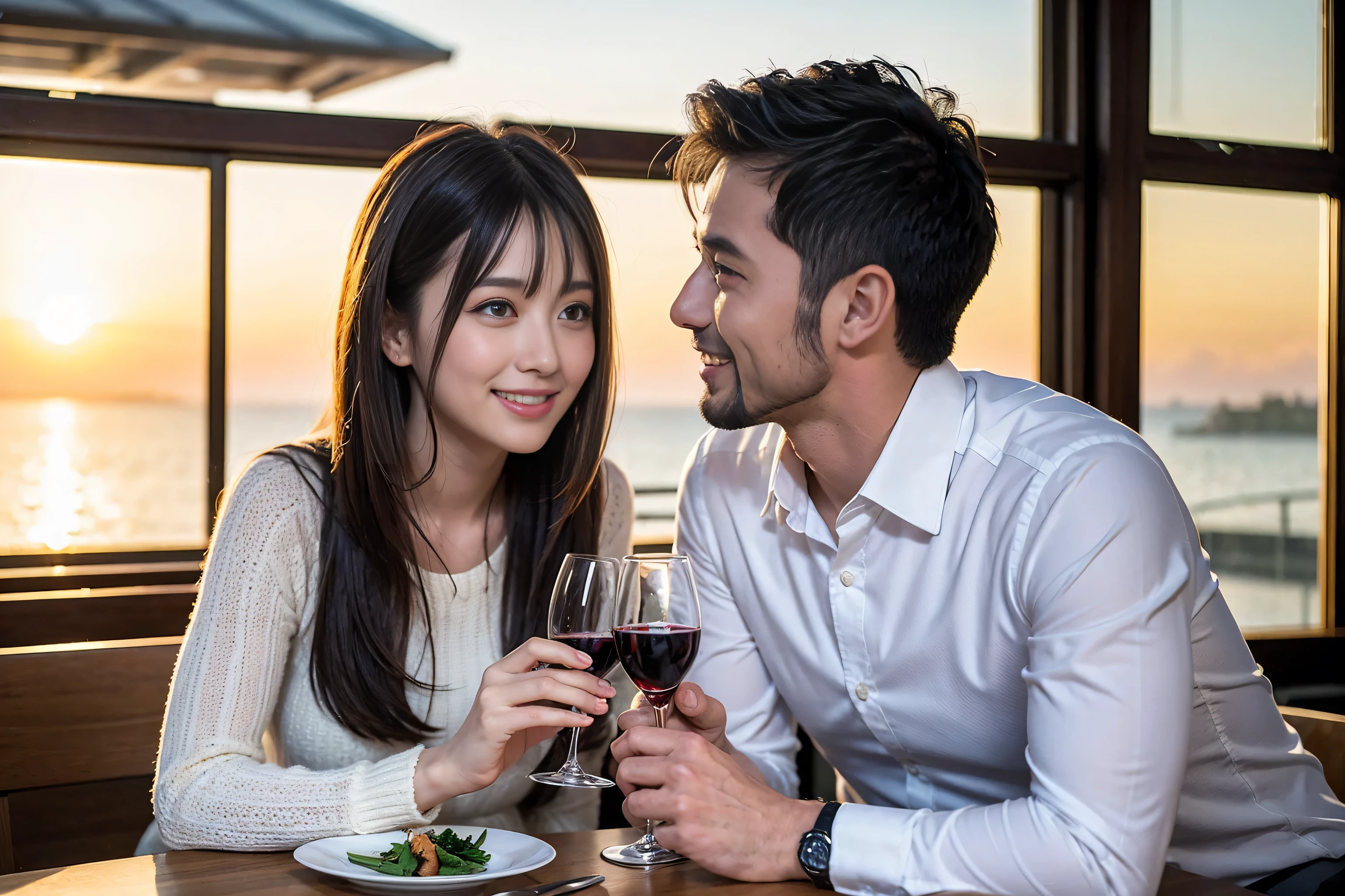 ((highest quality、8k、masterpiece:1.3))、 (Genuineistic, Genuine、Bright image、Intricate details:1.2), 1 male、1 female、Kimura Fumino-like beautiful Couple、spouse、Couple、spouse、Beautiful Couple、Smile、full-course dinner、 (Slim face), (The body is slim), (Brown Hair), (short hair), Wine glass on the table、Please shine a light on my face、 Amazing view of the sunset sky and clouds、 (Age 35), 39 years old, red wine 、Appetizers、Wine bottle、sparkling wine、Long sleeve shirt、dress、White wine, red wine, wine glass,