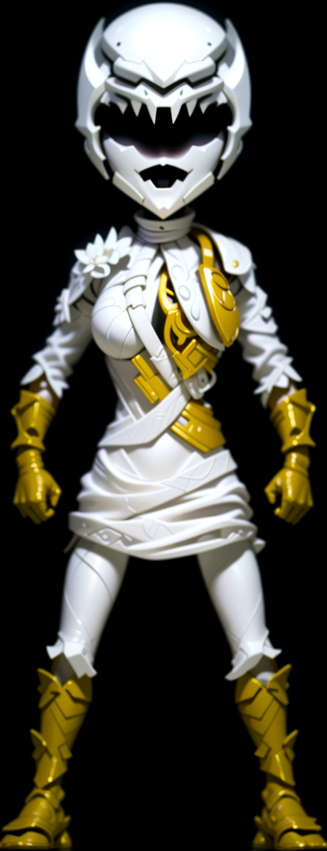 (best quality,4k,8k,highres,masterpiece:1.2),ultra-detailed, female ranger, white suit, tyrannosaurus head for helmet, asymmetrical suit, yellow claw shaped emblem on left side of suit. a close up of a person in a white suit with yellow gloves, heavy white and golden armor, detailed white armor, intricate white and gold armor, intricate white armor, streamlined white armor, full body sprite, skintight silver armor, white plated armor, ornate white and gold armour, entire body, snake-face female guard, clothed in ethereal battle armor, HDR, 8k, absurdres, cinestill 800, sharp focus, add_detail:2, (solo, woman)