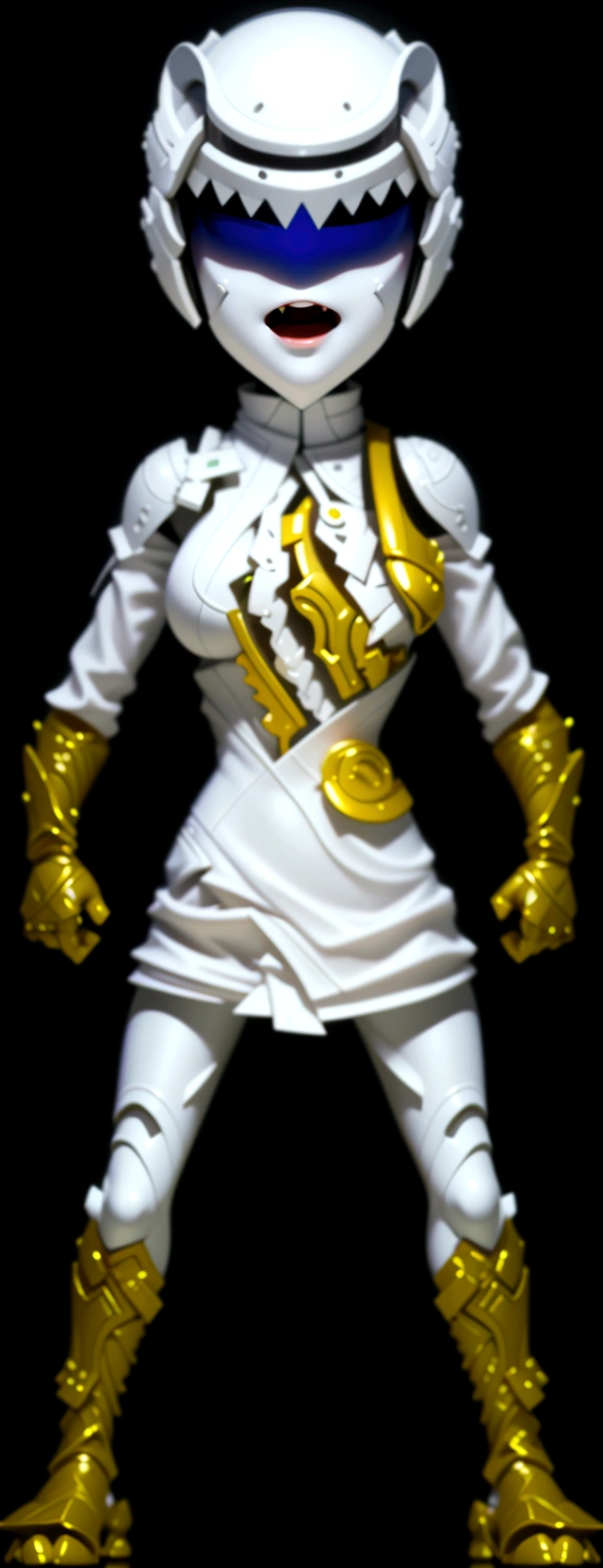 (best quality,4k,8k,highres,masterpiece:1.2),ultra-detailed, female ranger, white suit, tyrannosaurus head for helmet, asymmetrical suit, yellow claw shaped emblem on left side of suit. a close up of a person in a white suit with yellow gloves, heavy white and golden armor, detailed white armor, intricate white and gold armor, intricate white armor, streamlined white armor, full body sprite, skintight silver armor, white plated armor, ornate white and gold armour, entire body, snake-face female guard, clothed in ethereal battle armor, HDR, 8k, absurdres, cinestill 800, sharp focus, add_detail:2, (solo, woman)