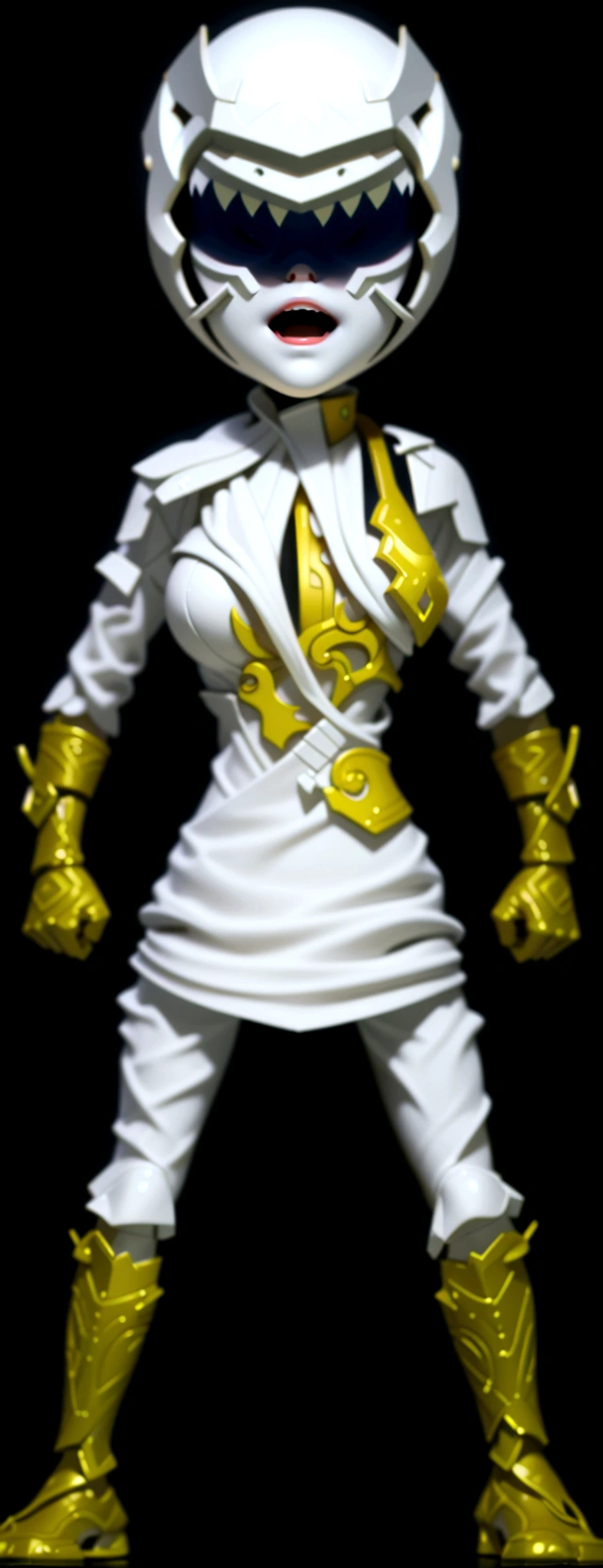 (best quality,4k,8k,highres,masterpiece:1.2),ultra-detailed, female ranger, white suit, tyrannosaurus head for helmet, asymmetrical suit, yellow claw shaped emblem on left side of suit. a close up of a person in a white suit with yellow gloves, heavy white and golden armor, detailed white armor, intricate white and gold armor, intricate white armor, streamlined white armor, full body sprite, skintight silver armor, white plated armor, ornate white and gold armour, entire body, snake-face female guard, clothed in ethereal battle armor, HDR, 8k, absurdres, cinestill 800, sharp focus, add_detail:2, (solo, woman)