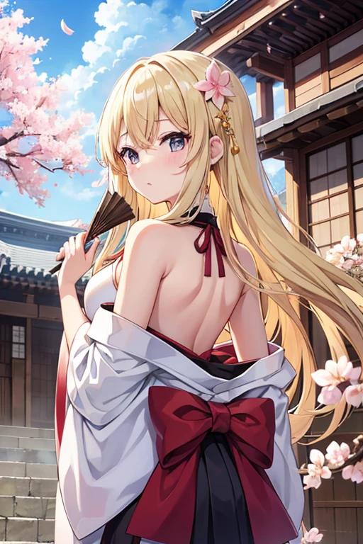 Anime Girls、Bare shoulders、Blonde、architecture、black eye、cherry blossoms、geta、東アジアのarchitecture、fan、flower、cloud、hair ornaments、flower柄、fan、Short kimono、