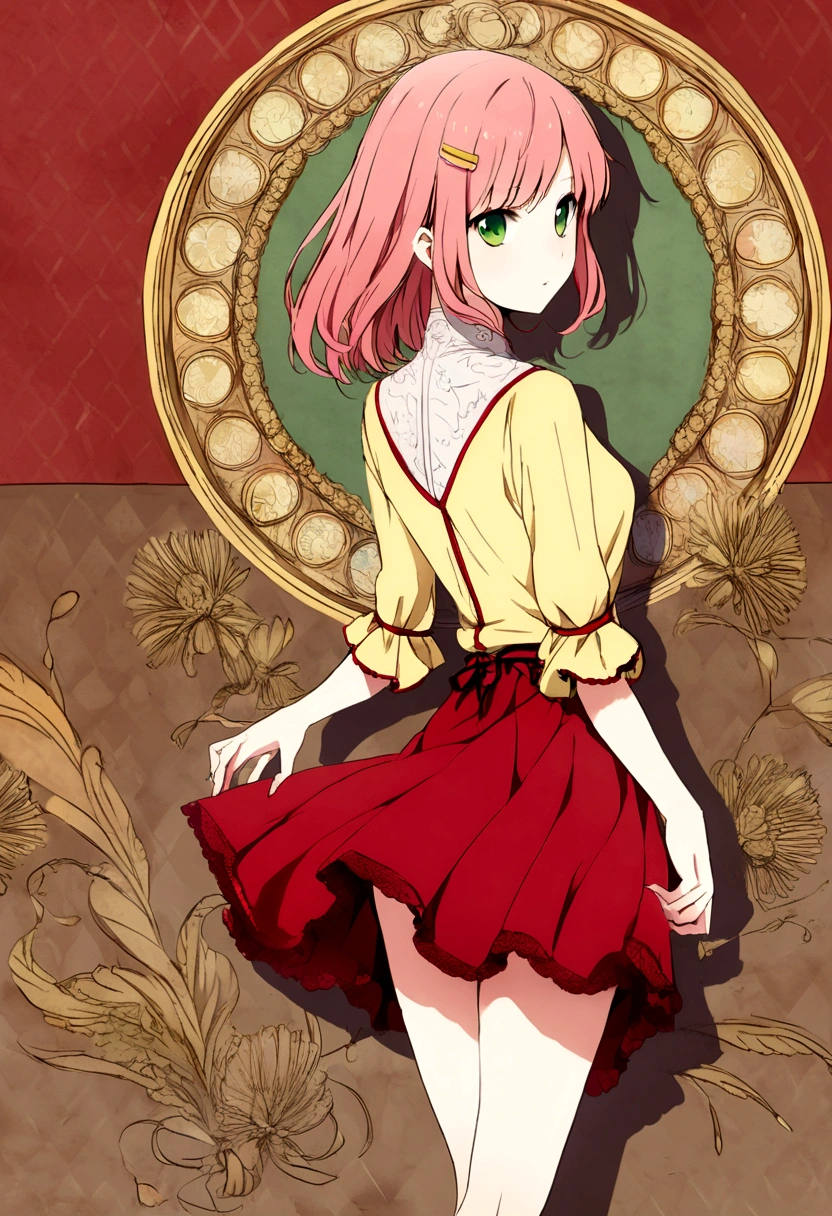 female with reddish pink hair to mid back, no bangs, green eyes, yellow shirt, yellow hair clip, red knee length skirt