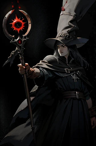 Offensive mage, attack, staff, magical, fantasy, blood, war, angry face, dark background