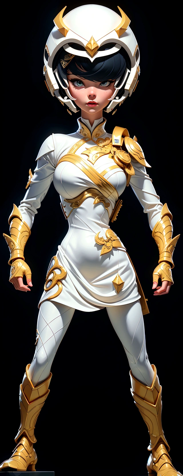 (best quality,4k,8k,highres,masterpiece:1.2),ultra-detailed, female ranger, white suit, tyrannosaurus head for helmet, asymmetrical suit, yellow claw shaped emblem on left side of suit. a close up of a person in a white suit with yellow gloves, heavy white and golden armor, detailed white armor, intricate white and gold armor, intricate white armor, streamlined white armor, full body sprite, skintight silver armor, white plated armor, ornate white and gold armour, entire body, snake-face female guard, clothed in ethereal battle armor, HDR, 8k, absurdres, cinestill 800, sharp focus, add_detail:2, (solo, woman)