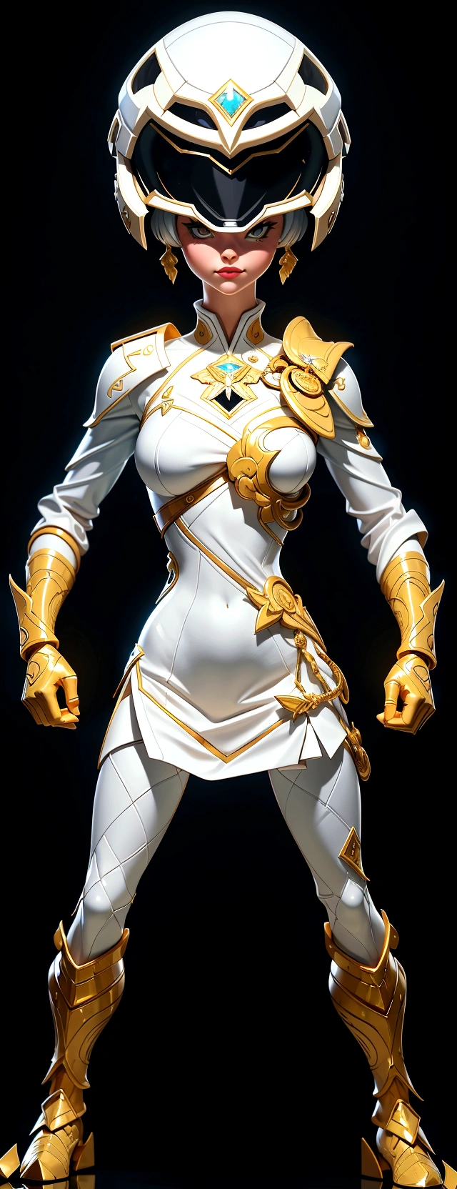 (best quality,4k,8k,highres,masterpiece:1.2),ultra-detailed, female ranger, white suit, tyrannosaurus head for helmet, asymmetrical suit, yellow claw shaped emblem on left side of suit. a close up of a person in a white suit with yellow gloves, heavy white and golden armor, detailed white armor, intricate white and gold armor, intricate white armor, streamlined white armor, full body sprite, skintight silver armor, white plated armor, ornate white and gold armour, entire body, snake-face female guard, clothed in ethereal battle armor, HDR, 8k, absurdres, cinestill 800, sharp focus, add_detail:2, (solo, woman)