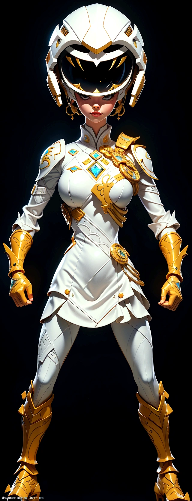 (best quality,4k,8k,highres,masterpiece:1.2),ultra-detailed, female ranger, white suit, tyrannosaurus head for helmet, asymmetrical suit, yellow claw shaped emblem on left side of suit. a close up of a person in a white suit with yellow gloves, heavy white and golden armor, detailed white armor, intricate white and gold armor, intricate white armor, streamlined white armor, full body sprite, skintight silver armor, white plated armor, ornate white and gold armour, entire body, snake-face female guard, clothed in ethereal battle armor, HDR, 8k, absurdres, cinestill 800, sharp focus, add_detail:2, (solo, woman)