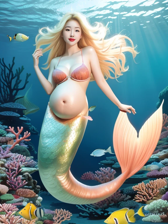 Underwater very deep sea, blue sea, a portrait photograph of a beautiful ((30 year old)) korean  woman, pregnant, blonde hair, red blush, red lips, mermaid, long white mermaid tail below waistline, coral, stafish, fish, 