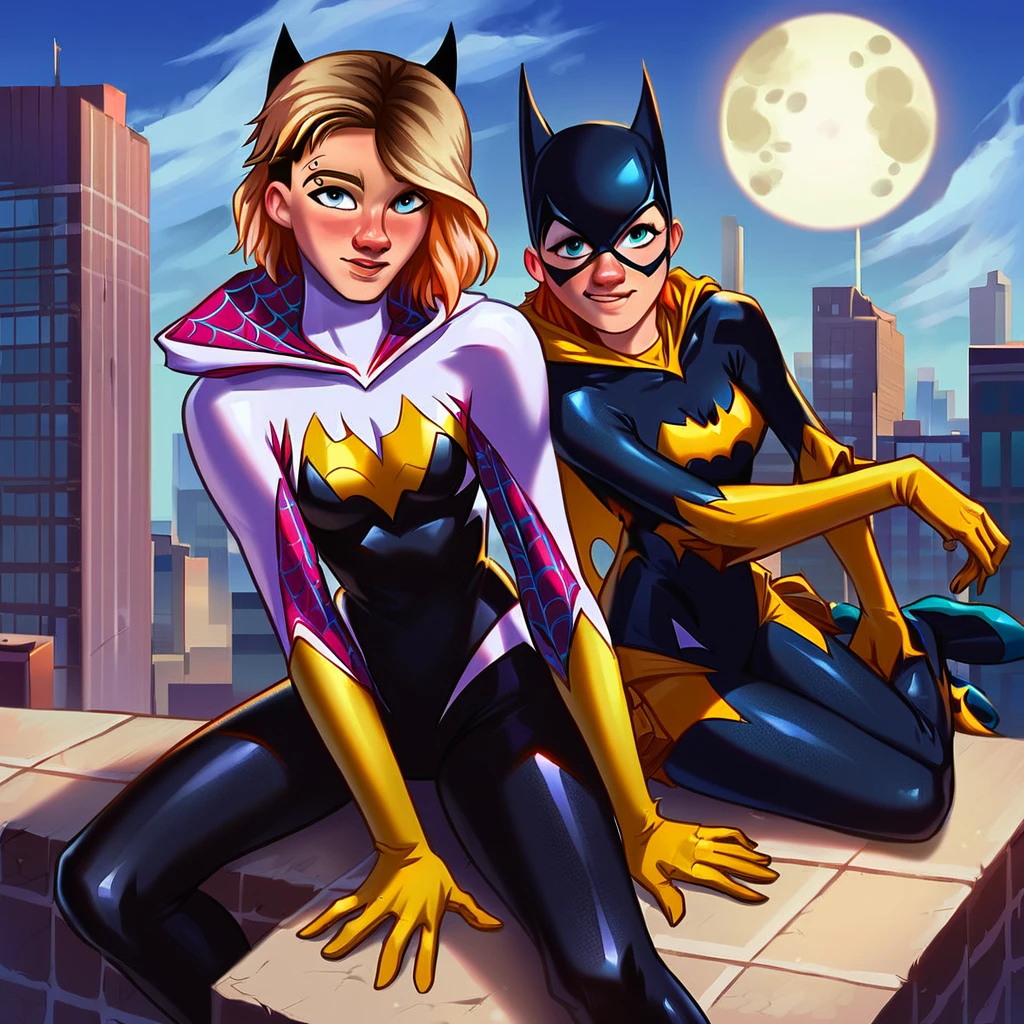 score_9, score_8_up, score_7_up, rating explicit, detailed soft lighting, 2girls, source_cartoon, short hair Spider Gwen, sitting beside Batgirl, on rooftop edge, overlooking city, romantic date, full moon, beautiful eyes, open eyes, (masterpiece, best quality, highly detailed, beautiful, realistic).