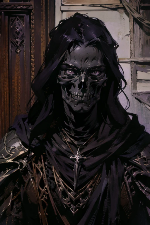 ((hyper-realistic illustration:1.4)),(dark fantasy:1.3), ((male)). (Hooded)(black skeleton:1.2)((shadow:1.1)) (wraith), wearing (black battle armor), ((purple eyes:1.4)), Celtic cross pendant, accompanied by his raven companion. (agent of divine vengeance).Masterpiece, (highly detailed:1.2),(detailed face and eyes:1.2), 8k wallpaper, natural lighting. core shadows, high contrast, bokeh.