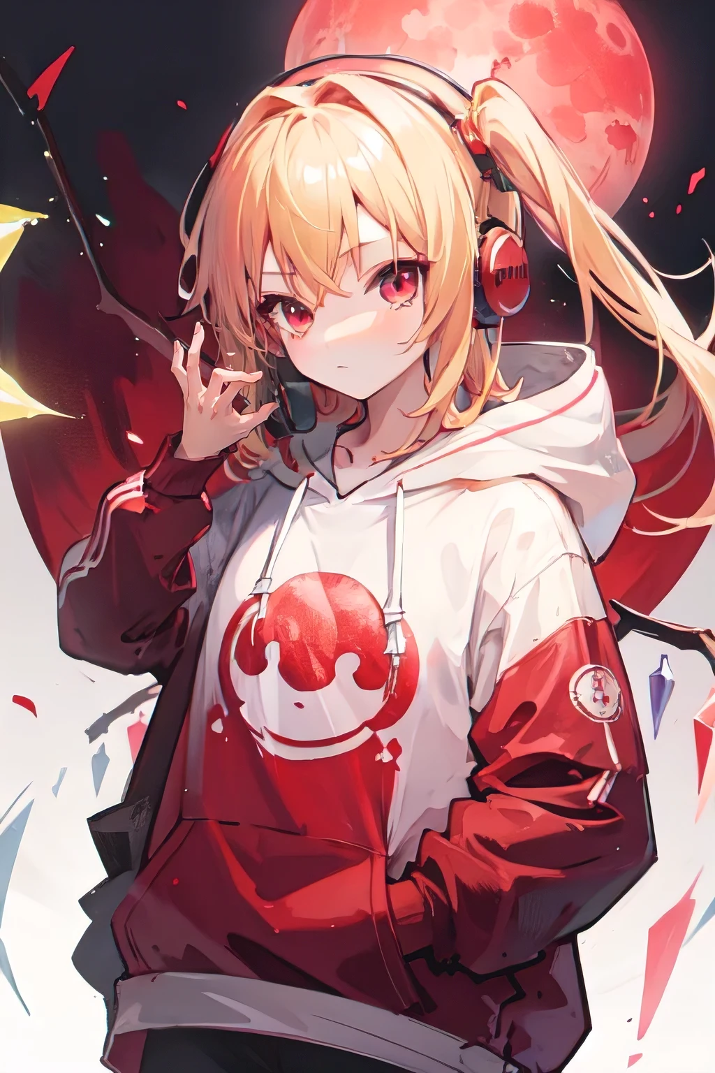 (Best image quality)、1 Girl、Red Moon、lake、Blonde、Red eyes、wing、hoodie、Food、headphone