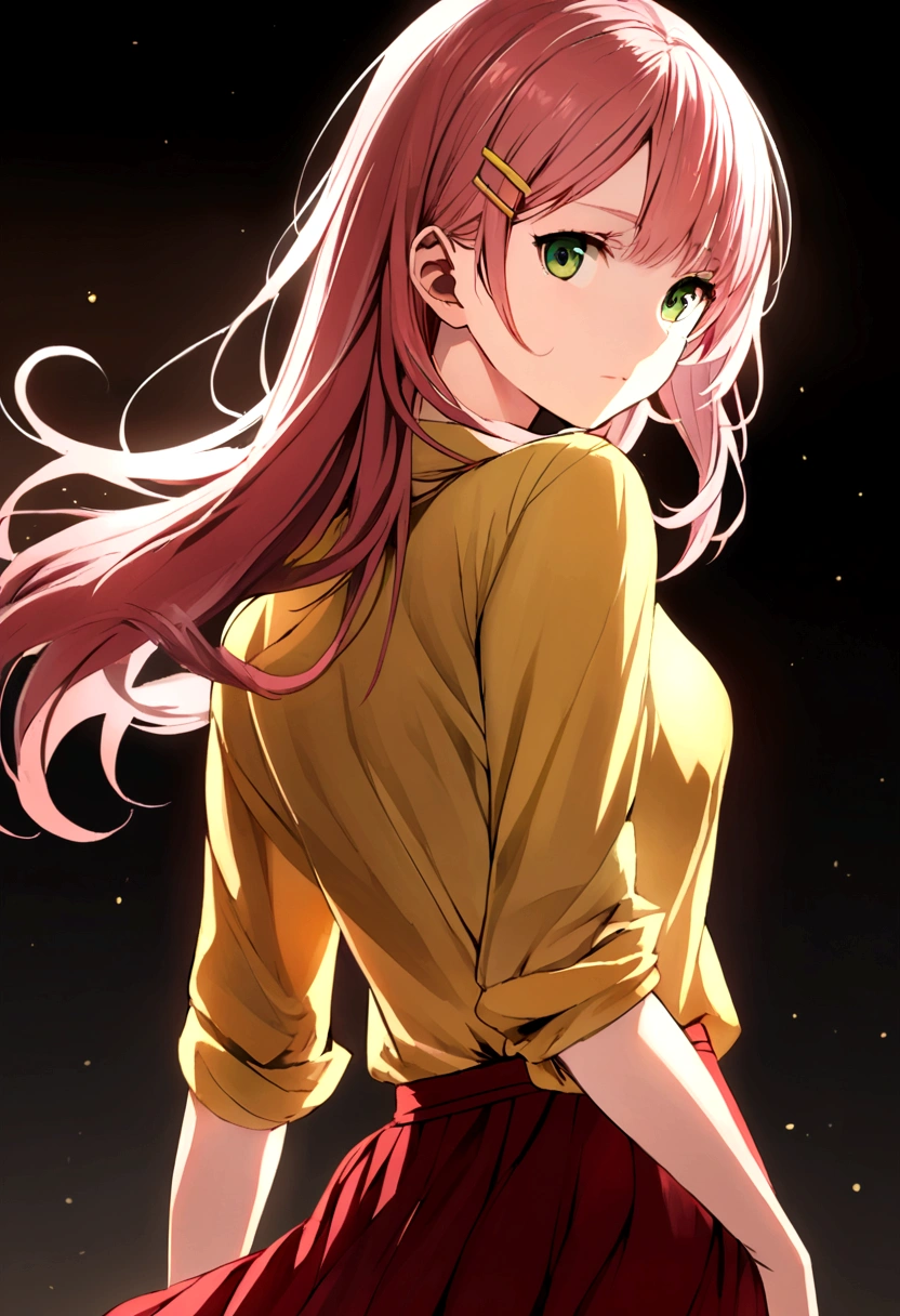 female with reddish pink hair to mid back, no bangs, green eyes, yellow shirt, yellow hair clip, red knee length skirt
