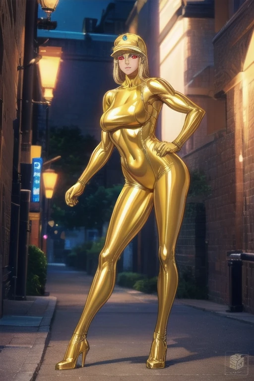 5 8K UHD、A blonde muscular beauty in a shiny full-body gold suit is posing with her muscles、A shiny silver latex suit that covers the skin、Masterpiece, Full Body Shot.,