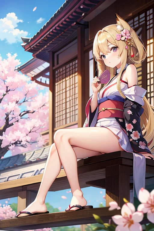 Anime Girls、Bare shoulders、Blonde、architecture、black eye、cherry blossoms、geta、東アジアのarchitecture、fan、flower、cloud、hair ornaments、flower柄、fan、Fox Mimi、Short kimono、