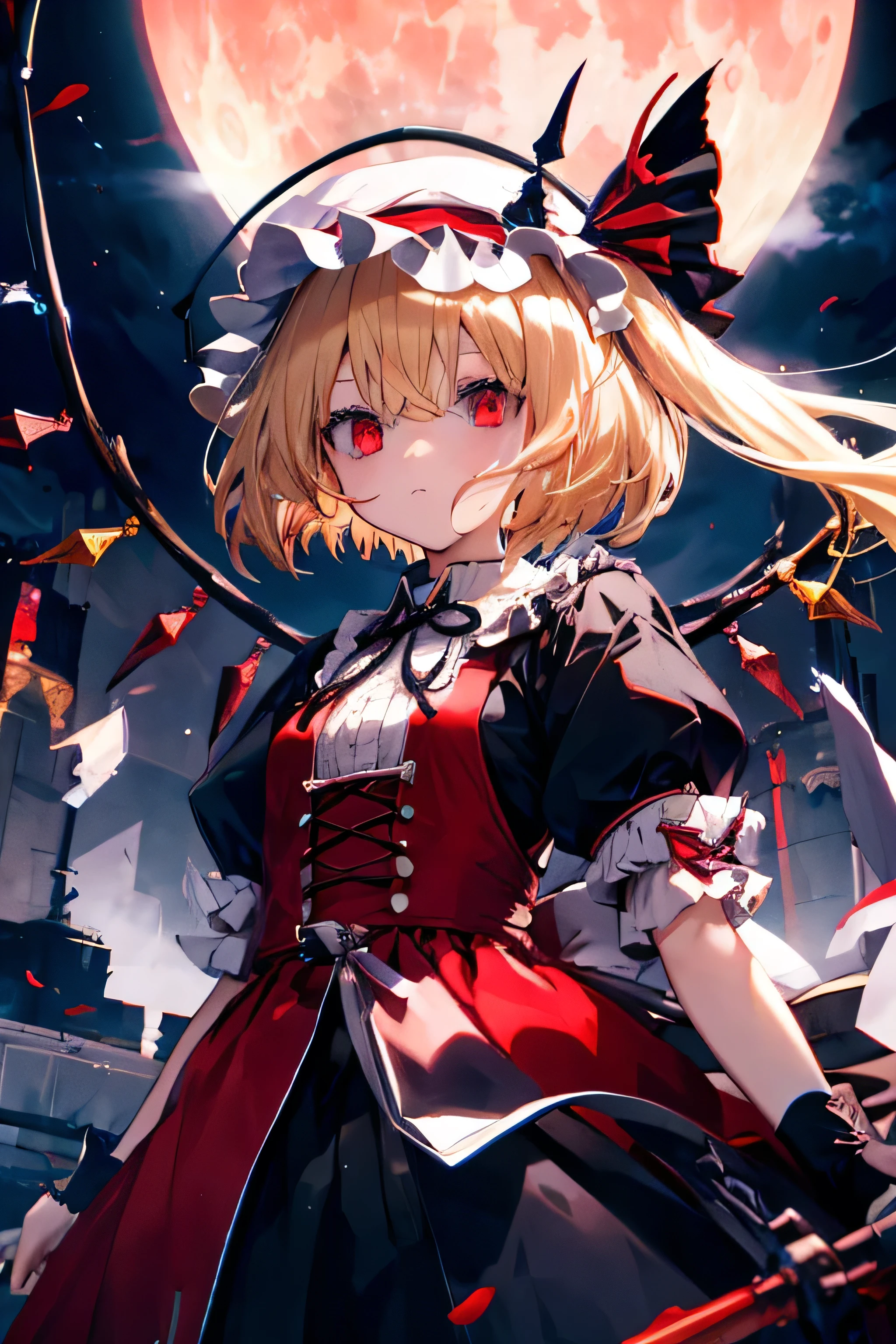 (Best image quality)、1 Girl、Red Moon、lake、Blonde、Red eyes、wing、Mob Cap、Gothic Lolita Clothing