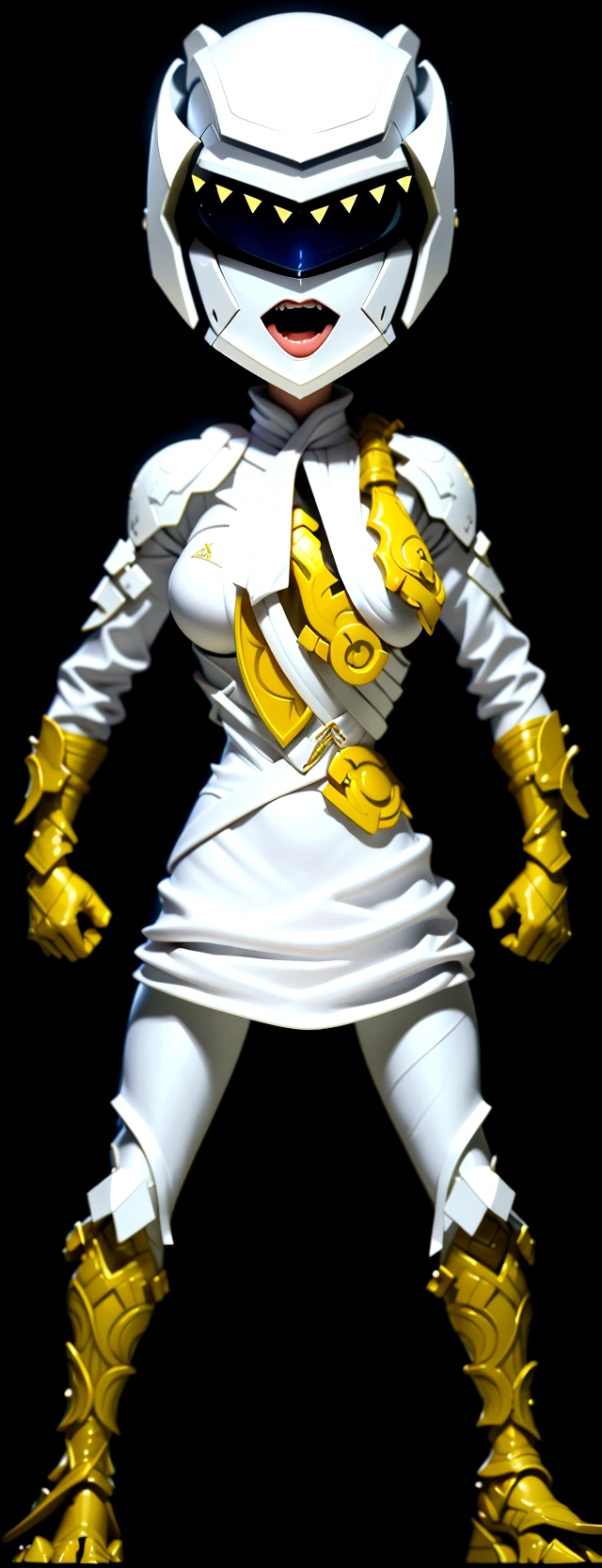 (best quality,4k,8k,highres,masterpiece:1.2),ultra-detailed, female ranger, white suit, tyrannosaurus head for helmet, asymmetrical suit, yellow claw shaped emblem on left side of suit. a close up of a person in a white suit with yellow gloves, heavy white and golden armor, detailed white armor, intricate white and gold armor, intricate white armor, streamlined white armor, full body sprite, skintight silver armor, white plated armor, ornate white and gold armour, entire body, snake-face female guard, clothed in ethereal battle armor, HDR, 8k, absurdres, cinestill 800, sharp focus, add_detail:2, (solo, woman)
