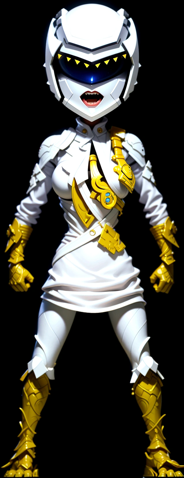 (best quality,4k,8k,highres,masterpiece:1.2),ultra-detailed, female ranger, white suit, tyrannosaurus head for helmet, asymmetrical suit, yellow claw shaped emblem on left side of suit. a close up of a person in a white suit with yellow gloves, heavy white and golden armor, detailed white armor, intricate white and gold armor, intricate white armor, streamlined white armor, full body sprite, skintight silver armor, white plated armor, ornate white and gold armour, entire body, snake-face female guard, clothed in ethereal battle armor, HDR, 8k, absurdres, cinestill 800, sharp focus, add_detail:2, (solo, woman)