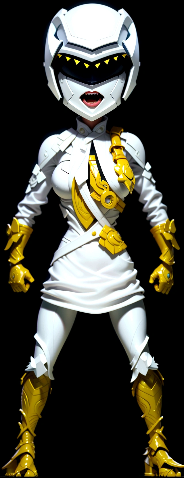 (best quality,4k,8k,highres,masterpiece:1.2),ultra-detailed, female ranger, white suit, tyrannosaurus head for helmet, asymmetrical suit, yellow claw shaped emblem on left side of suit. a close up of a person in a white suit with yellow gloves, heavy white and golden armor, detailed white armor, intricate white and gold armor, intricate white armor, streamlined white armor, full body sprite, skintight silver armor, white plated armor, ornate white and gold armour, entire body, snake-face female guard, clothed in ethereal battle armor, HDR, 8k, absurdres, cinestill 800, sharp focus, add_detail:2, (solo, woman)
