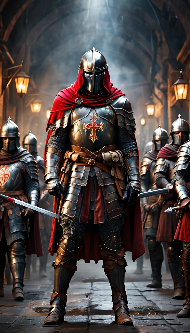 a group of knights donned in full armor and adorned with striking red capes finds themselves in the midst of a dramatic battle. Armed with powerful maschinengewehr weapons, these valiant templars face off against a horde of possessed politicians, locked in a fierce struggle for supremacy and control, background dark, hyper realistic, ultra detailed hyper realistic, photorealistic, Studio Lighting, reflections, dynamic pose, Cinematic, Color Grading, Photography, Shot on 50mm lens, Ultra-Wide Angle, Depth of Field, hyper-detailed, beautifully color, 8k, golden light from the front,