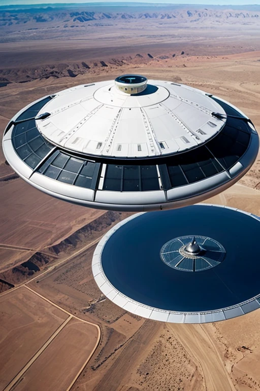 create an image extraterrestrial flying saucer, flying over area 51, hyper realistic