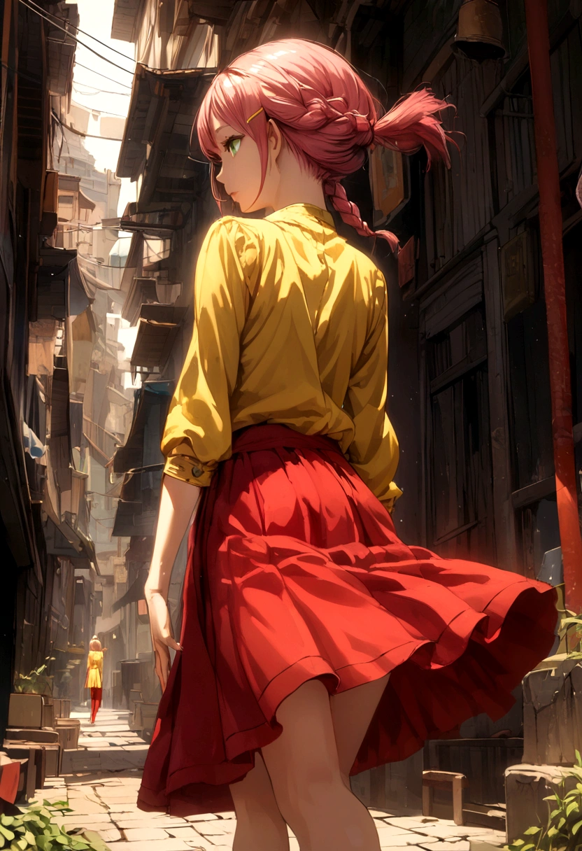 female with reddish pink hair to mid-back, no bangs, one lock of hair tied in a tight braid, green eyes, yellow shirt, yellow hair clip, red knee-length skirt