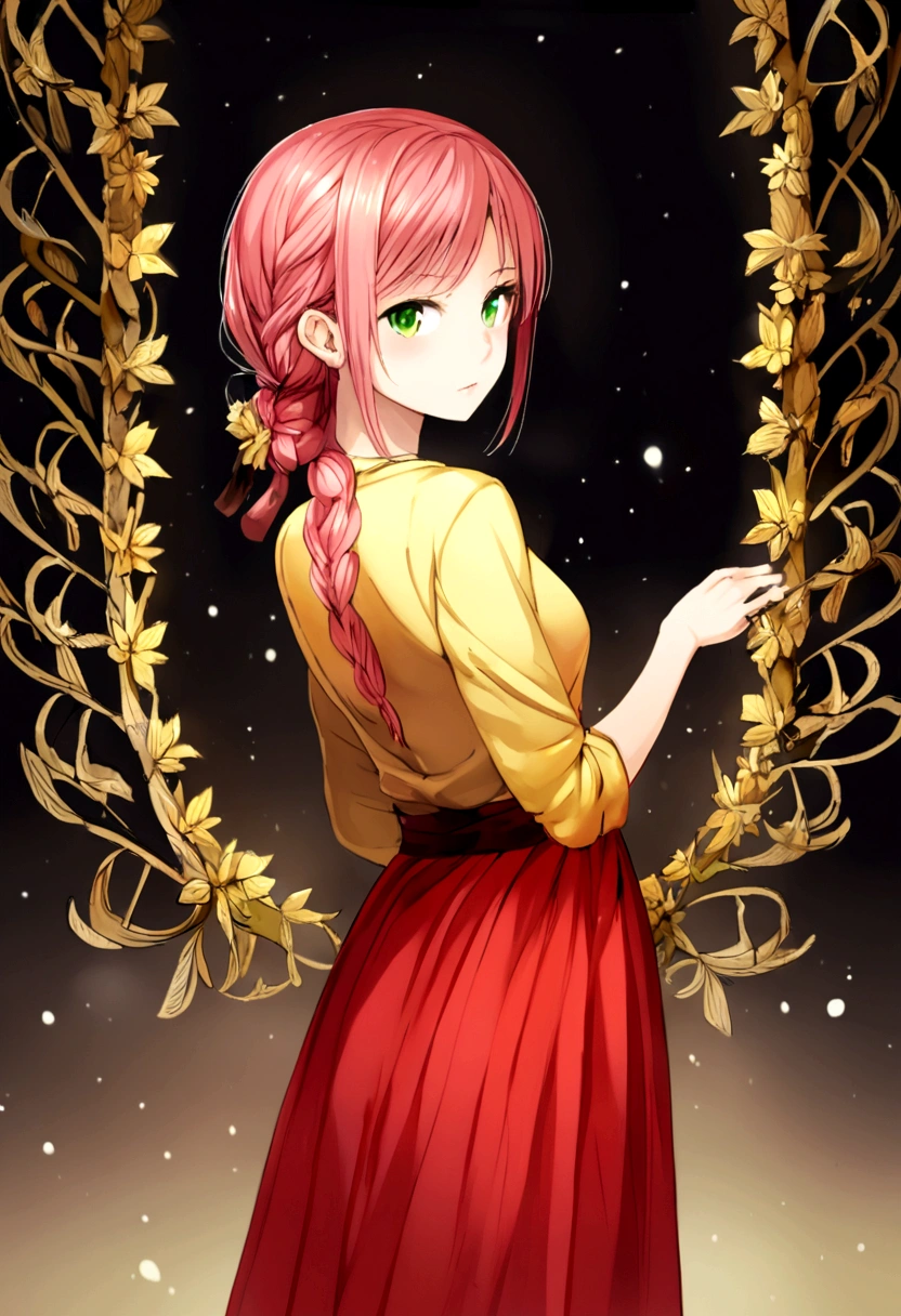 female with reddish pink hair to mid-back, no bangs, one lock of hair tied in a tight braid, green eyes, yellow shirt, yellow hair clip, red knee-length skirt