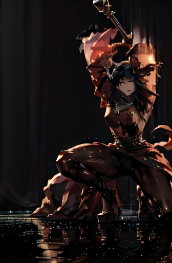 Offensive witch, attack, staff, magical, fantasy, blood, war, angry face,