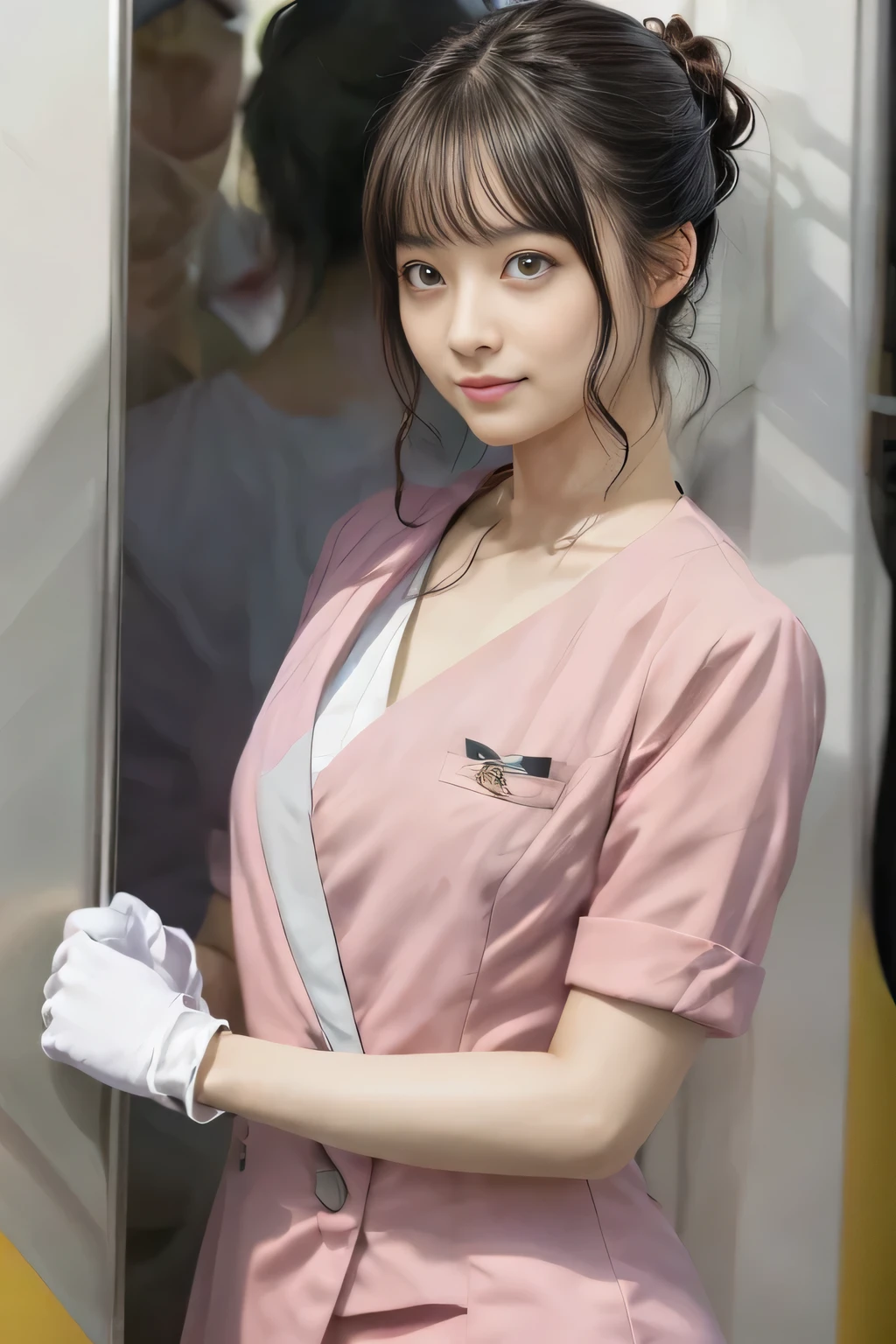 (masterpiece:1.2, highest quality:1.2), 32K HDR, High resolution, (alone、1 girl)、 (Height: 160cm)、（On the rooftop of a building in the daytime、Professional Lighting）、Building rooftop background、（Nankai train crew uniform pinkを着たリアルスタイル）、（Nankai train crew uniform pink short sleeve collarless pink jacket、Nankai Train Crew Uniform Pink Collarless Short Sleeve Blouse、Nankai Train Crew Uniform Pink Grey Knee-length Culottes）、Dark brown hair、（Hair tied up、Hair tied up、Evening curly hairstyle）、Dark brown hair、Long Shot、Big Breasts、Thin legs、（（Great hands：2.0）），（（Harmonious body proportions：1.5）），（（Normal limbs：2.0）），（（Normal finger：2.0）），（（Delicate eyes：2.0）），（（Normal eyes：2.0））)、smile、（Nankai Train Crew Uniform Pink Grey Knee-length Culottesを見せた美しい歩く姿）、Place your hands around your stomach、Lanyard employee ID card