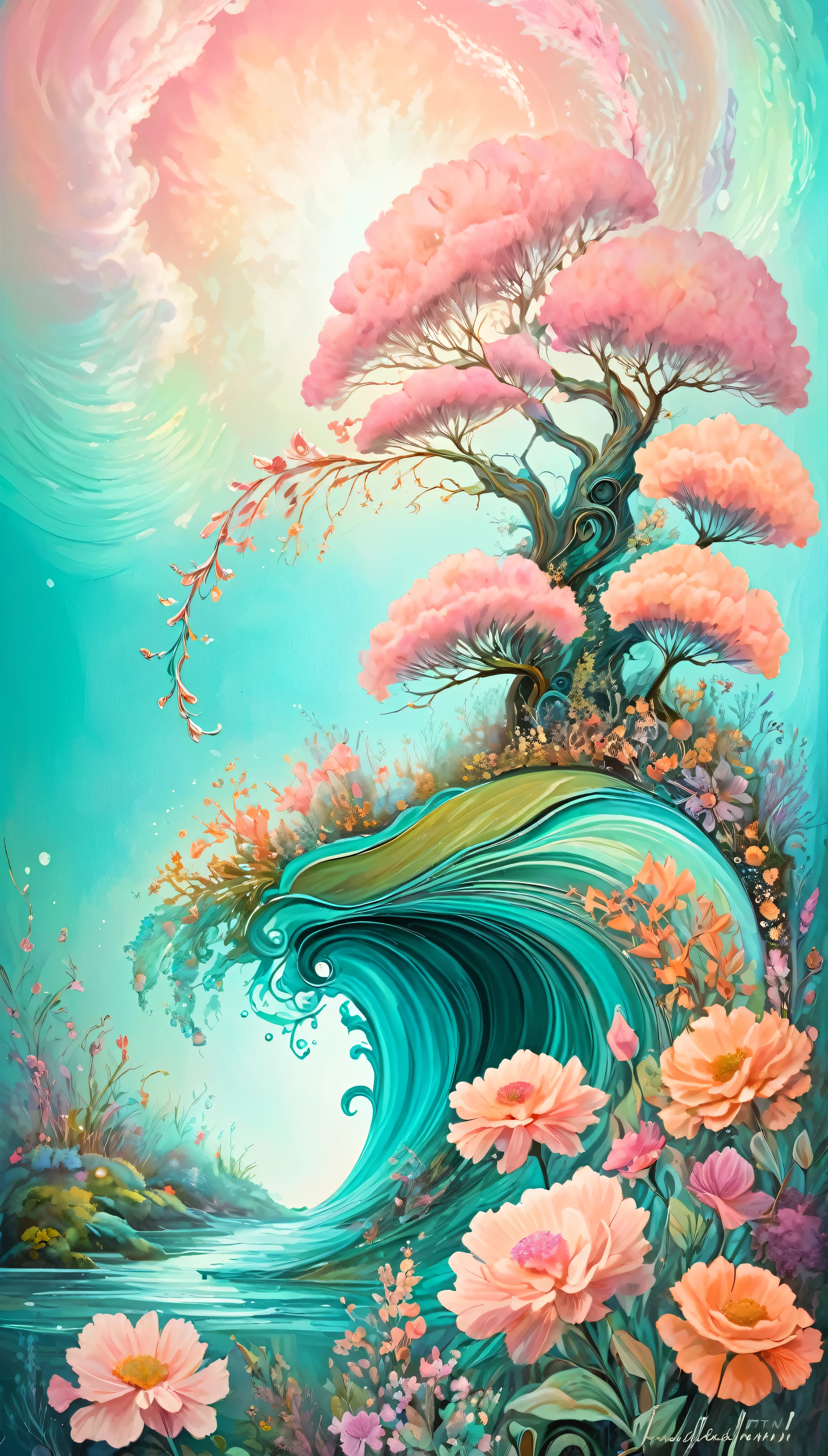 High Quality Artwork、Whimsical Fantasy、Elegant and floral botany、Minimalism with floral waves、Garden setting、pink、Aqua Green、Painted in pastel apricot colors、Flowing flowers floating in a hazy atmosphere、Inspired by smoke fractaloody and highly realistic octane rendering、Josephine Wall Art、Isabel Menin、Jean、Inspired by Amy Brown。 The artwork is、It showcases a tranquil and enchanting garden filled with the gentle dance of flowing flowers.。green々The petals are pastel pink in color.