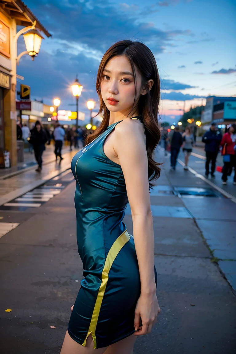 Wear a surprise_woman_cosplay_set of clothes, In front of the sky., 
good hand,4k, high resolution, Masterpiece, best quality, head:1.3,((Hasselblad Photography)), Exquisitely detailed skin, Sharp focus, (movie light), nighttime, soft light, Dynamic angle, [:(detailed face:1.2):0.2], Medium bust, outside,