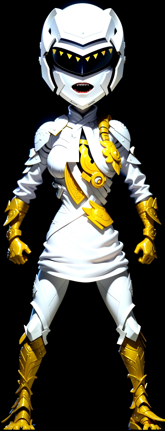 (best quality,4k,8k,highres,masterpiece:1.2),ultra-detailed, female ranger, white suit, tyrannosaurus head for helmet, asymmetrical suit, yellow claw shaped emblem on left side of suit. a close up of a person in a white suit with yellow gloves, heavy white and golden armor, detailed white armor, intricate white and gold armor, intricate white armor, streamlined white armor, full body sprite, skintight silver armor, white plated armor, ornate white and gold armour, entire body, snake-face female guard, clothed in ethereal battle armor, HDR, 8k, absurdres, cinestill 800, sharp focus, add_detail:2, (solo, woman)