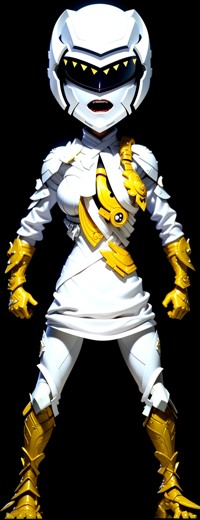 (best quality,4k,8k,highres,masterpiece:1.2),ultra-detailed, female ranger, white suit, tyrannosaurus head for helmet, asymmetrical suit, yellow claw shaped emblem on left side of suit. a close up of a person in a white suit with yellow gloves, heavy white and golden armor, detailed white armor, intricate white and gold armor, intricate white armor, streamlined white armor, full body sprite, skintight silver armor, white plated armor, ornate white and gold armour, entire body, snake-face female guard, clothed in ethereal battle armor, HDR, 8k, absurdres, cinestill 800, sharp focus, add_detail:2, (solo, woman)
