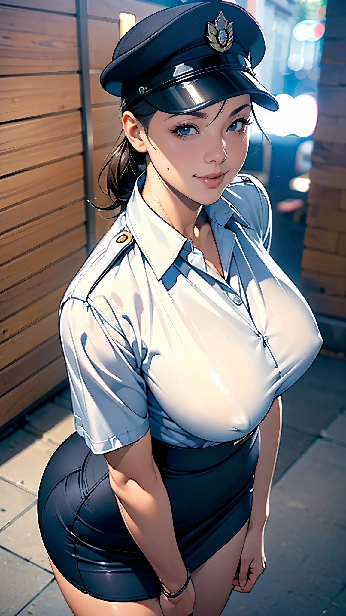 (masterpiece:1.2, highest quality), (Realistic, photoRealistic:1.4),Beautiful illustrations,(Natural Side Lighting, Cinema Lighting),1 female,Japanese,Mature Woman,Policewoman on patrol,48 years old,Perfect Face, Symmetrical face, Shiny skin,Random Hairstyles,Big eyes,Droopy eyes,Long eyelashes),(smile),(whole body),BREAK((Police Officer Shirt)),((Tight mini skirt)),(Police hat),(The background is a street corner:1.5),(((Background Blur:1.5))),((police uniform))