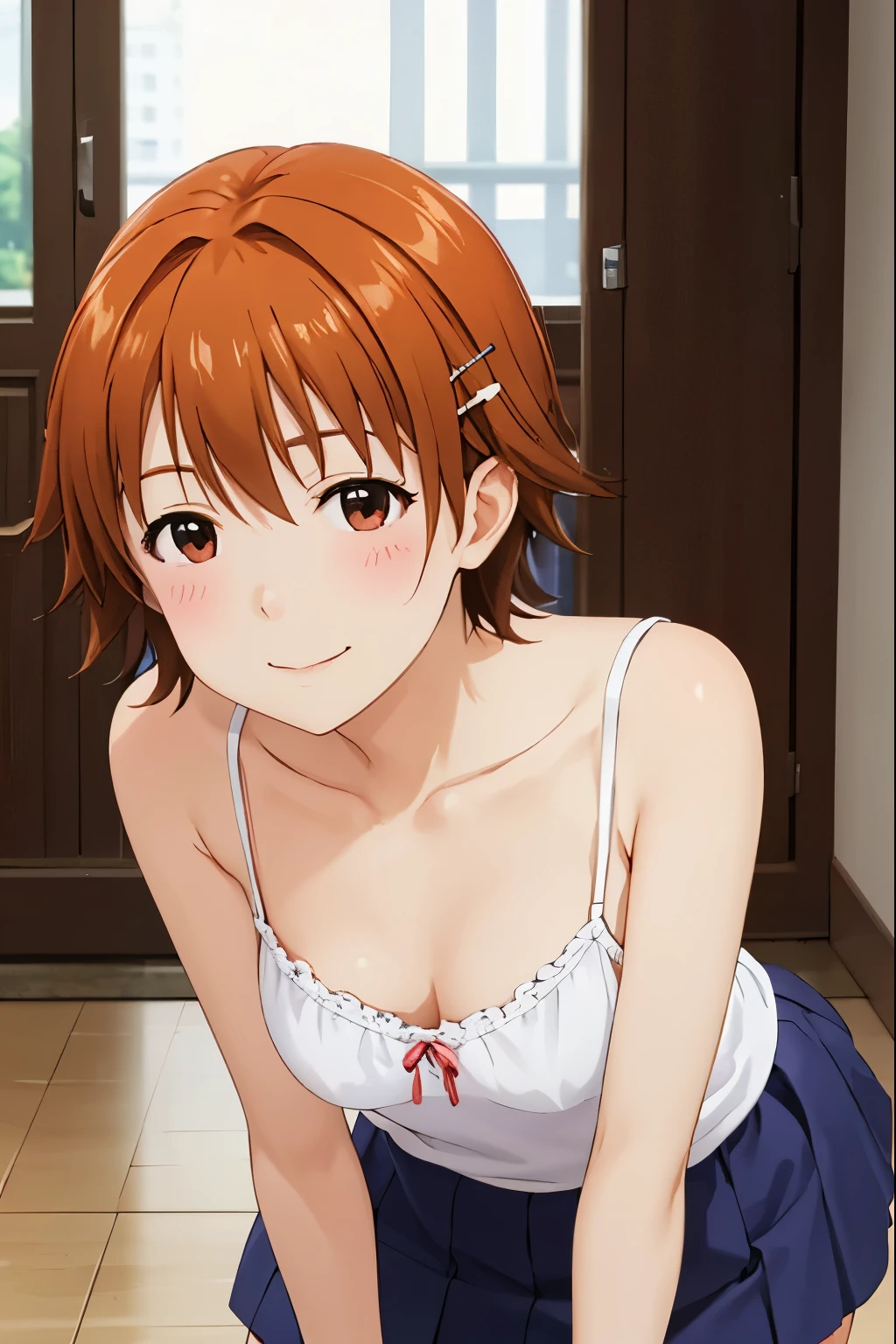 ahiruinami, Mahiru Inami, short hair, Brown Hair, hair ornaments, (Brown eyes:1.3), Orange Hair, hairpin, Closed Mouth、smile、high quality、Shooting from the front、可愛らしいsmile、Beautiful thighs、nice waist、skirt、White T-shirt、白色のcamisole 非常に詳細な顔, Perfect lighting, Extremely detailed CG,camisole、Party Dresses、Cowboy Shot、Leaning forward、