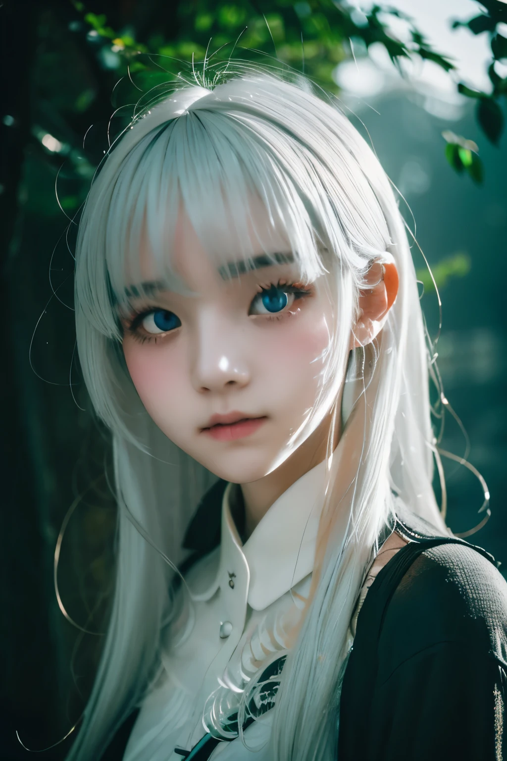 White Hair,Black Shirt,My face is hazy,Fleeting atmosphere,background,A little creepy atmosphere,Hollow Eyes,ennui,A girl around 18 years old,Mature