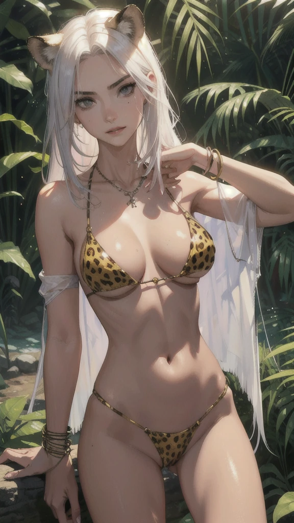 (lifelike, high - resolution:1.3), 1 girl with a perfect body,slender body, Super fine face and eyes,assasin, dark makeup, shiny skin,white hair, (jungle outfit, cheetah print micro bikini),Expose cleavage, bracelets, natural jewelry, a lot of necklaces, body chains, waist chains, cumshot