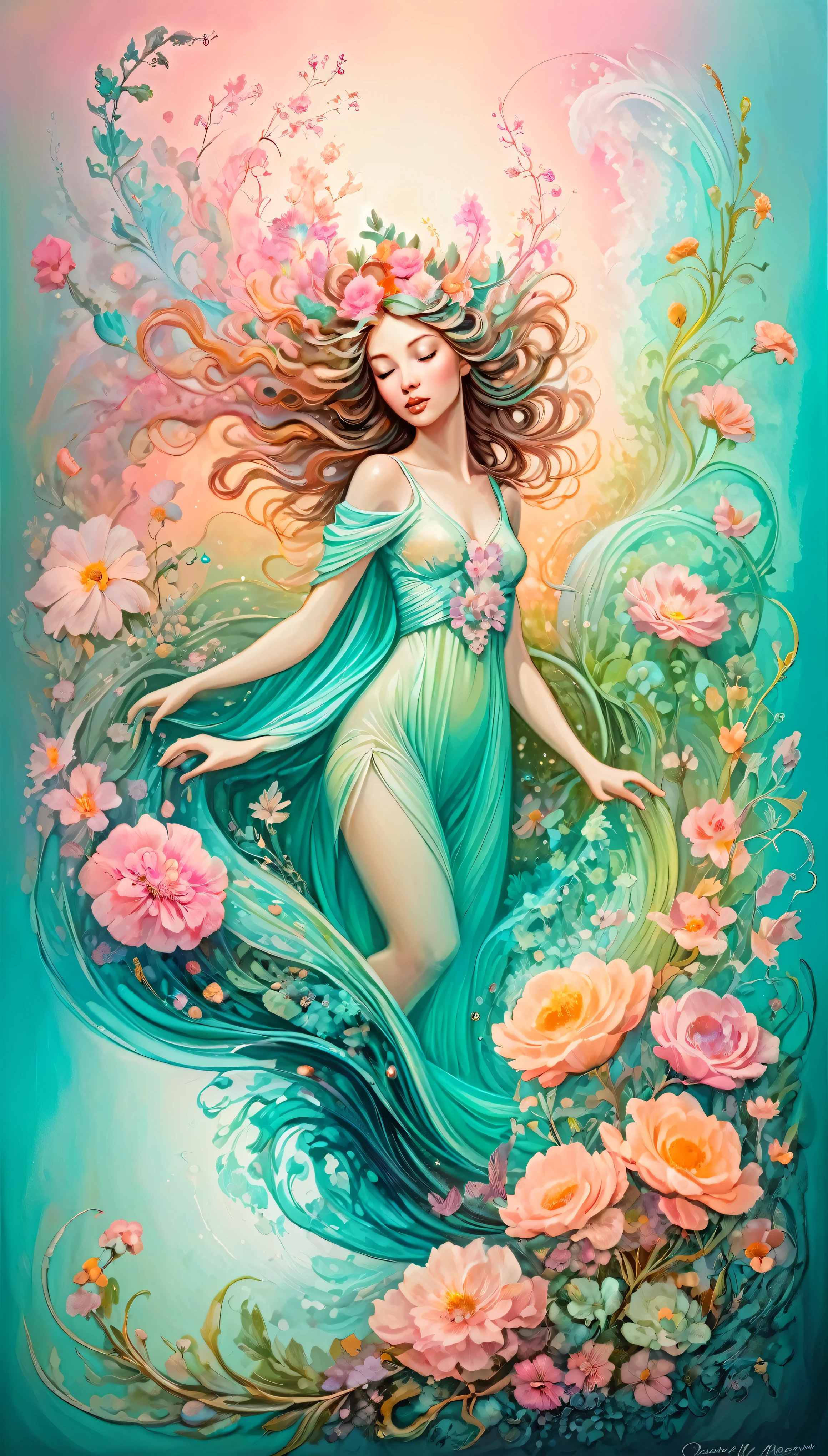 High Quality Artwork、Whimsical Fantasy、Elegant and floral botany、Minimalism with floral waves、Garden setting、pink、Aqua Green、Painted in pastel apricot colors、Flowing flowers floating in a hazy atmosphere、Inspired by smoke fractals、Moody and highly realistic octane rendering、Josephine Wall Art、Isabel Menin、Jean、Inspired by Amy Brown。 The artwork is、It showcases a tranquil and enchanting garden filled with the gentle dance of flowing flowers.。green々The petals are pastel pink in color.